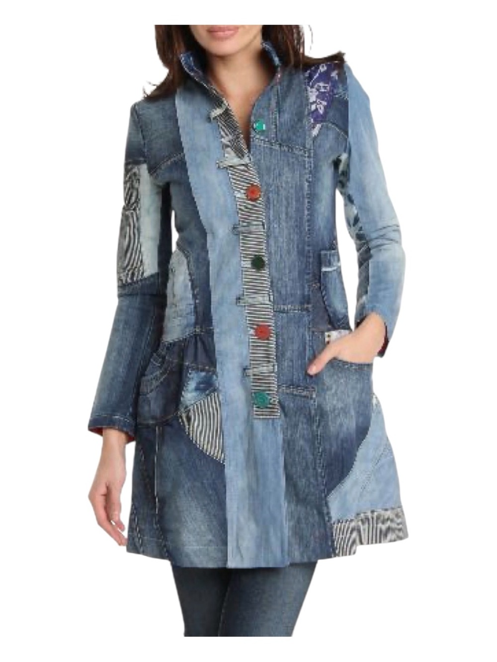 DESIGUAL Shake It Go Patchwork Denim Trench Coat